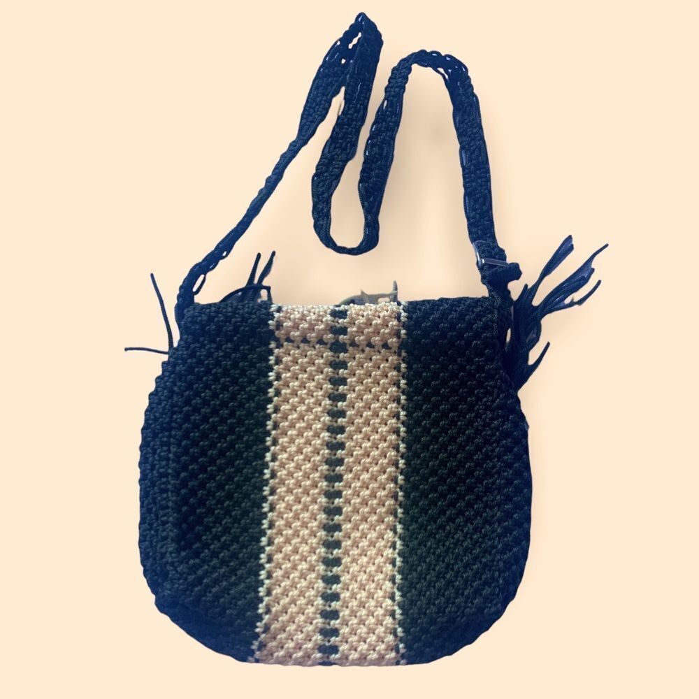 Handmade Macrame Crossbody Bag Black Cream Fringe Woven Boho Festival Shoulder - Picture 2 of 4
